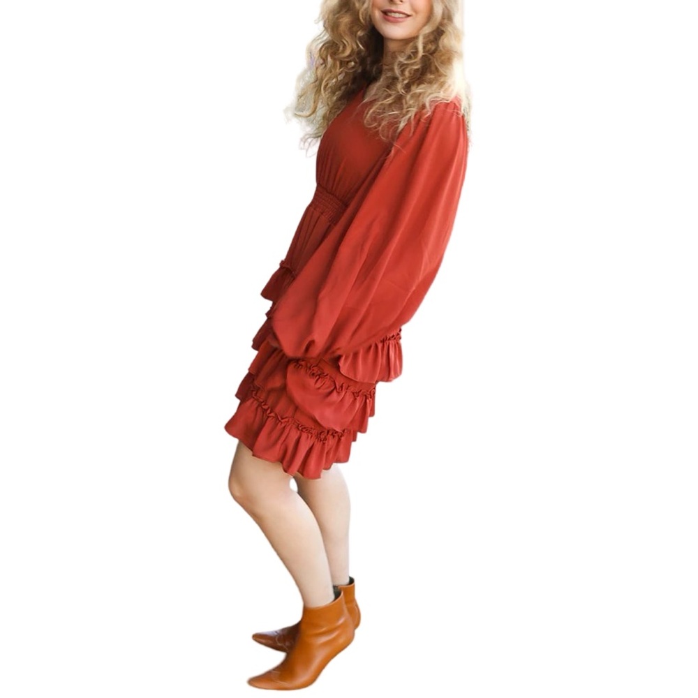 HAPTICS RUST SMOCKED WAIST TIERED RUFFLE LINED DRESS - Picture 3 of 6